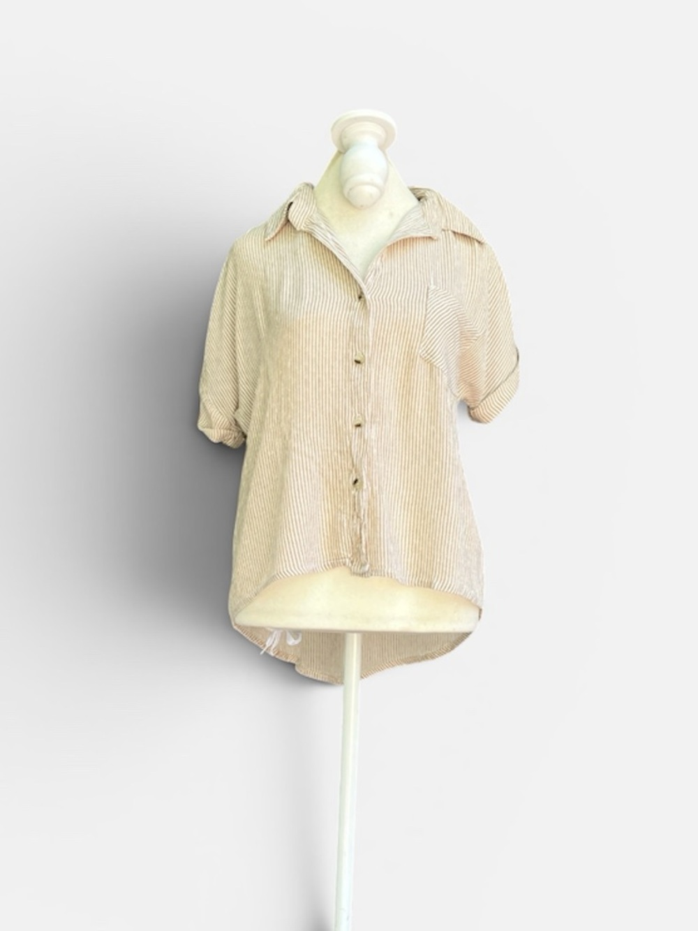 Sim & Sam Striped High-Low Camp Shirt in Tan/White Sz S